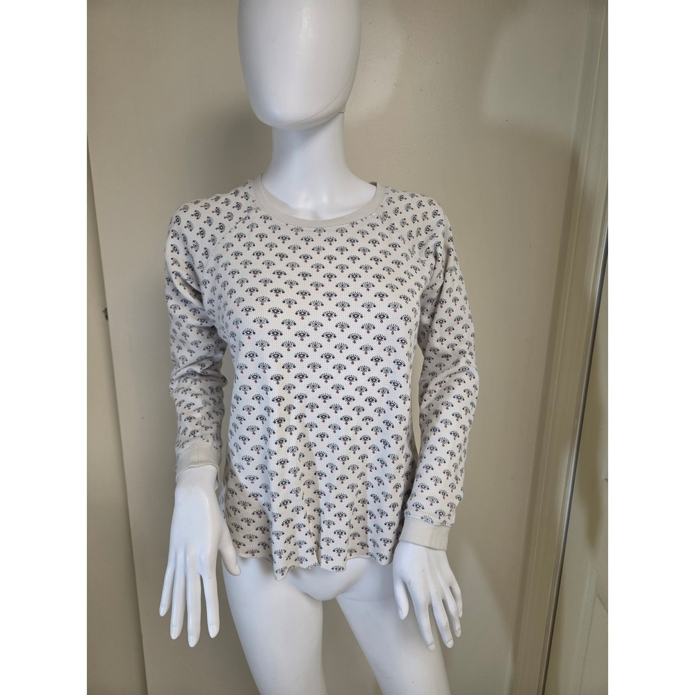 Billabong Womens L Cream Waffle Knit Thermal Long Sleeve Boho Print Cotton Top